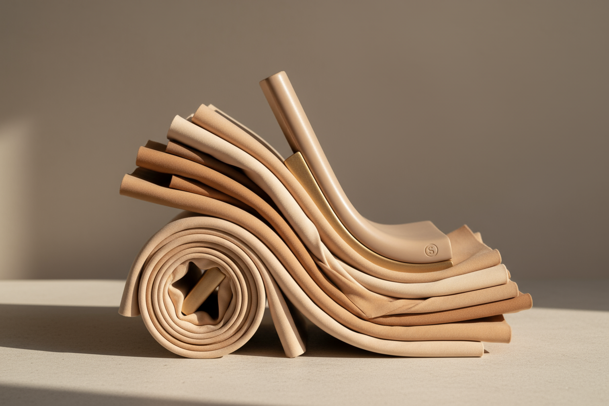 Ultra-realistic editorial photo in soft beige tones, featuring neatly arranged sculptwear fabrics, nude seamless textiles, and minimal curves symbolizing femininity. Warm natural daylight, soft shadows, premium SKIMS-like aesthetic, minimal background, abstract representation of comfort, elegance and modern shapewear identity, 8K detail.